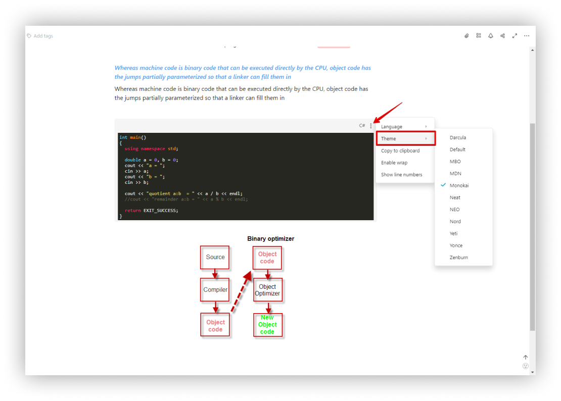 In Nimbus Note, you can choose a theme for the code that is perfect for daytime or nighttime use.